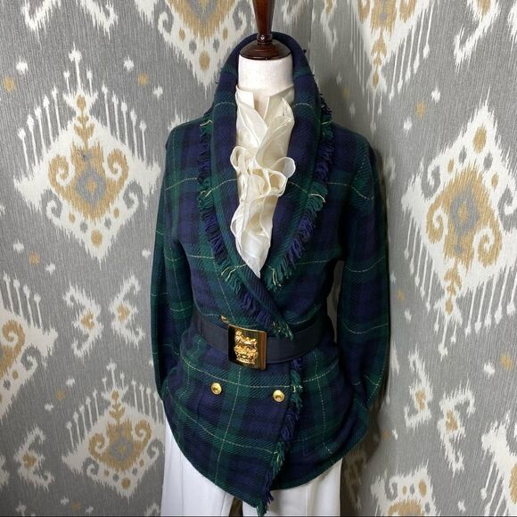 Polo Ralph Lauren Fringed Black Watch Tartan Plaid Double-Breasted Wool Cardigan - Picture 10 of 16